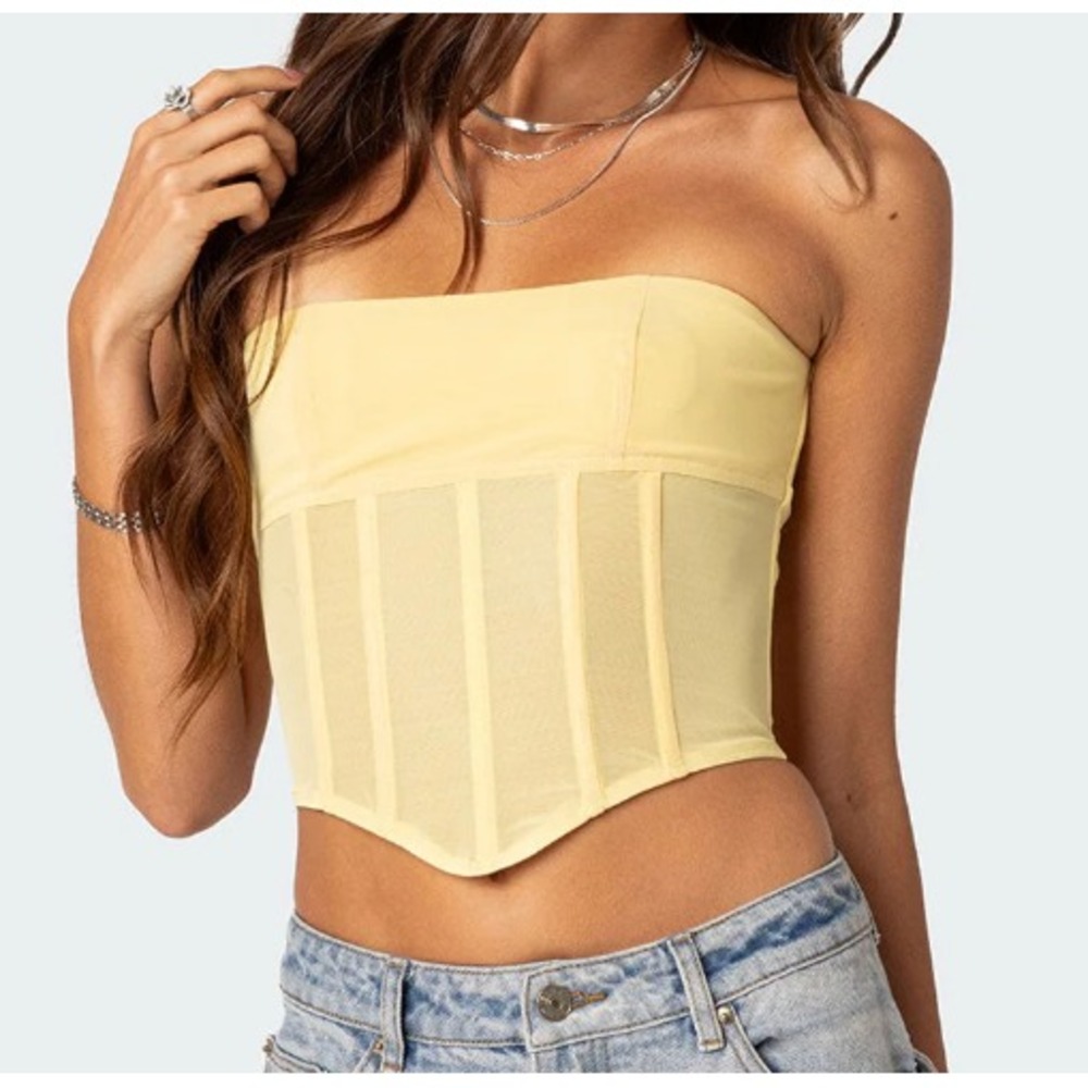 Edikted‎ Evangeline Sheer Mesh Corset Size L Butter Yellow Fairy Boned Tank Top